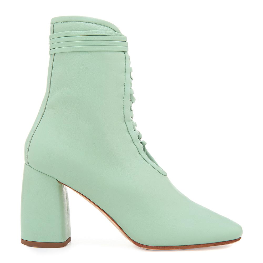 Daniella Shevel Designer BellaDonna Mint Green Leather Boot with Heel and Laces Side View