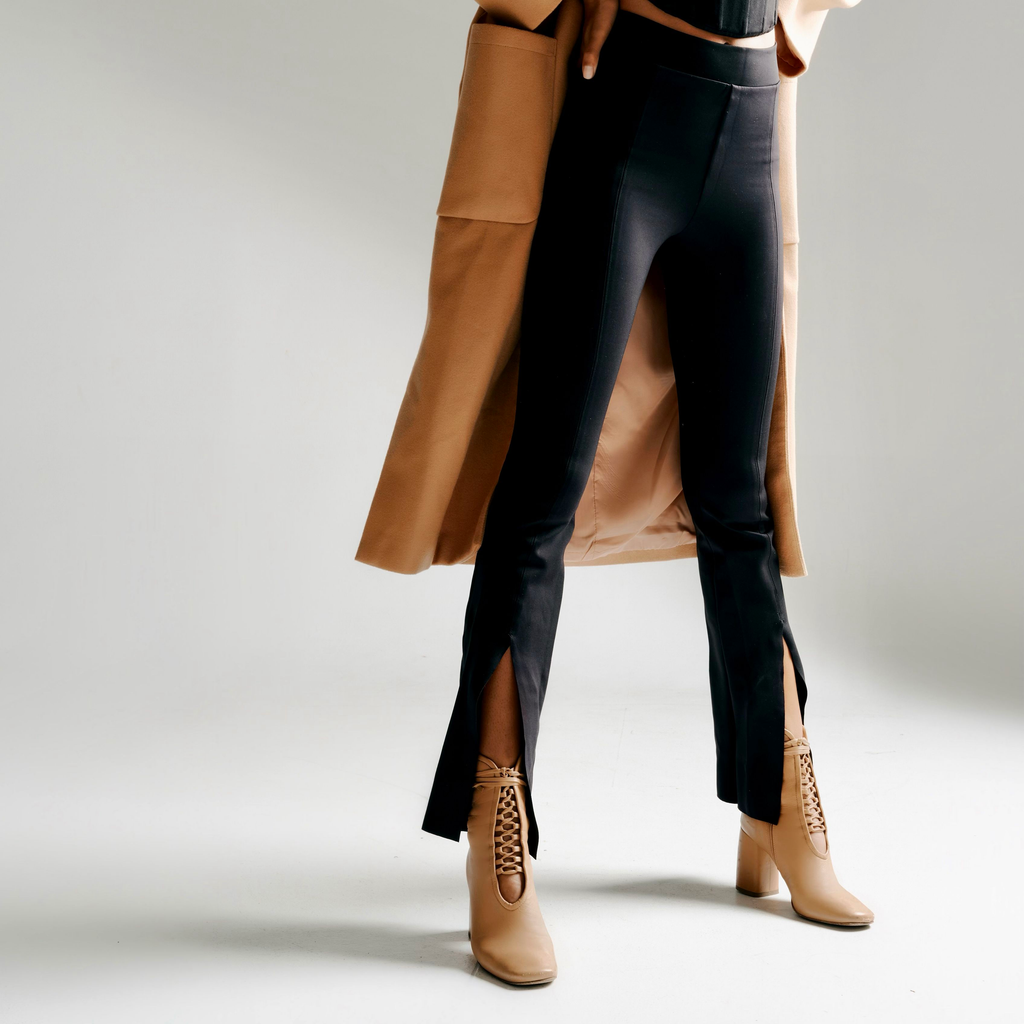 Daniella Shevel BellaDonna Camel Boot with Camel Jacket and black Spanx Pants