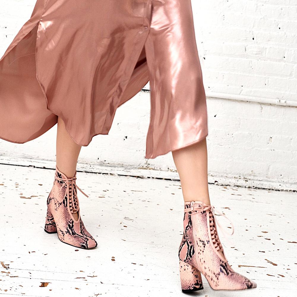 Daniella Shevel BellaDonna Pink Printed Snake Leather Boot with Heel on model with satin dress look