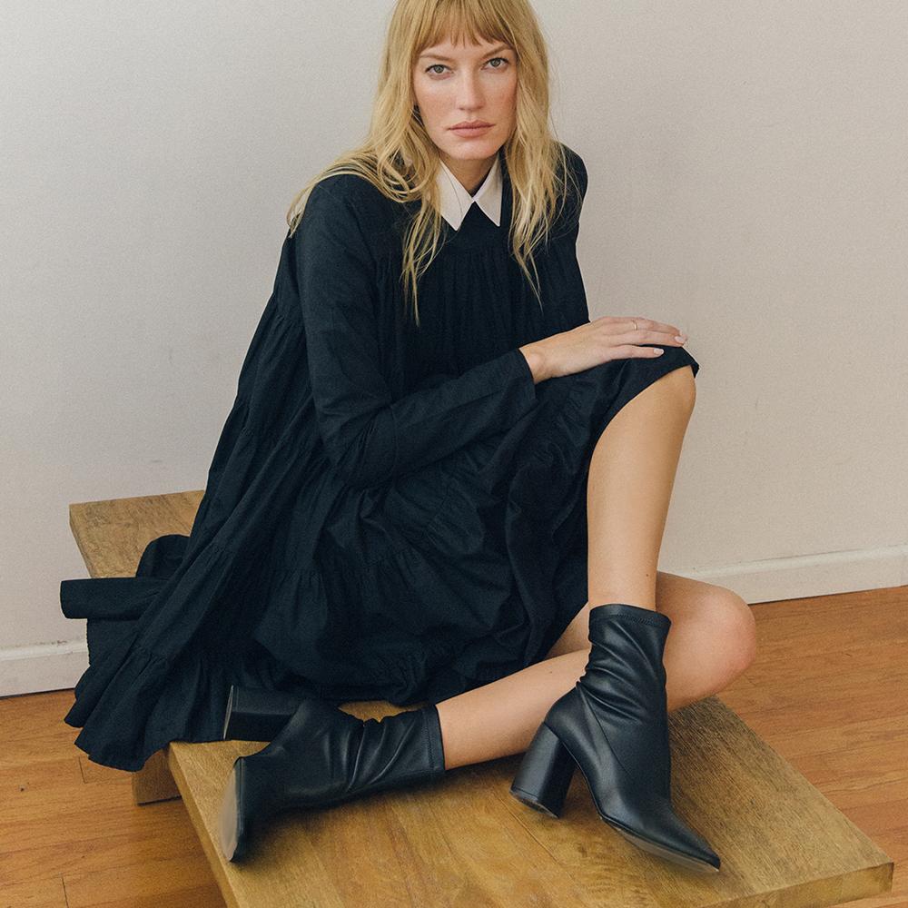 Daniella Shevel BellaMia Black Comfortable Stretch Boot with Block Heel and Black Dress