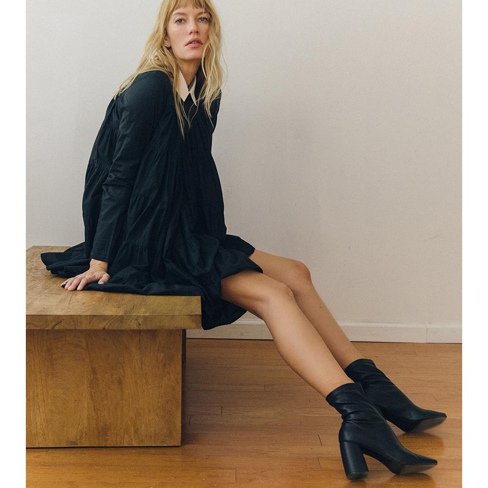 Daniella Shevel BellaMia Black Stretch Boot with Block Heel and Black Dress