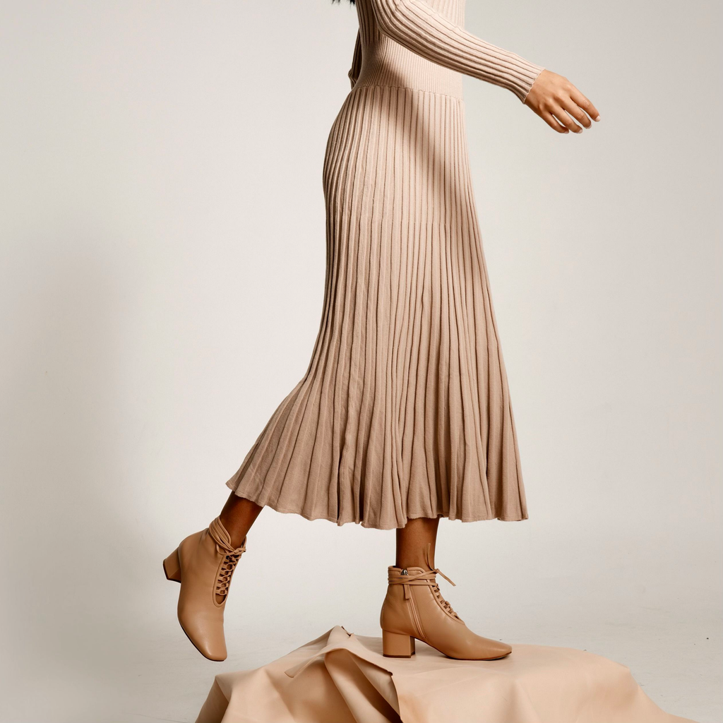 Daniella Shevel Camel Cleo Bootie with ivory pleated maxi dress