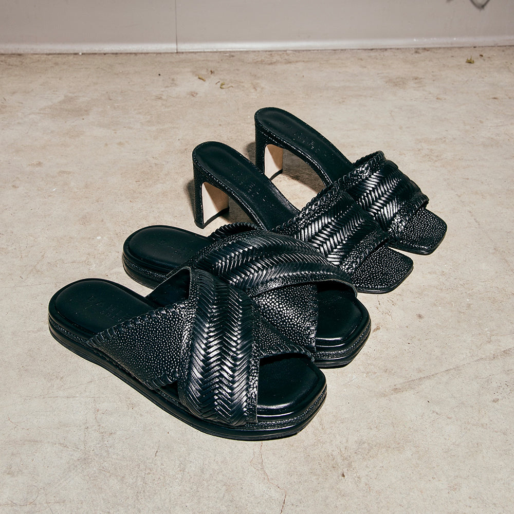Daniella Shevel Monaco mule low heels in black with embossed stingray pattern in a straight line