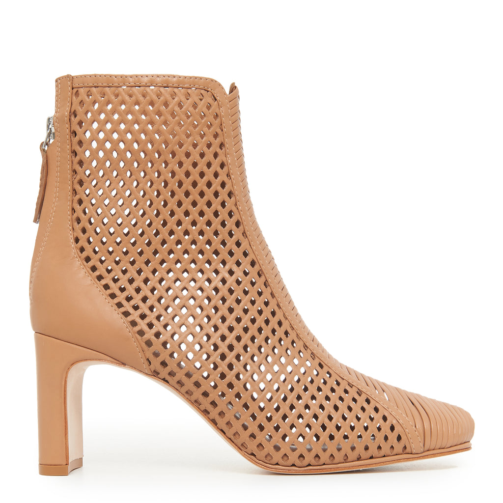 Daniella Shevel Isabella Laser Cut Leather and Hand Woven Interlacing Bootie Side View in Cream Camel