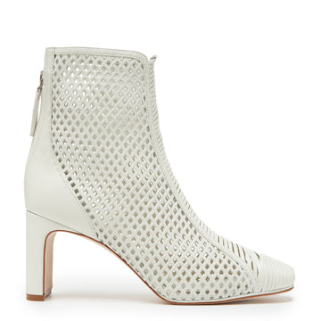 Daniella Shevel Isabella Laser Cut Leather and Hand Woven Interlacing Bootie Side View in wedding white