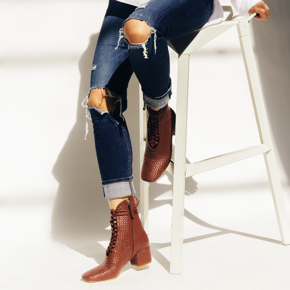 Daniella Shevel Woven Kamari lace up Brown boot with white shirt and denim look
