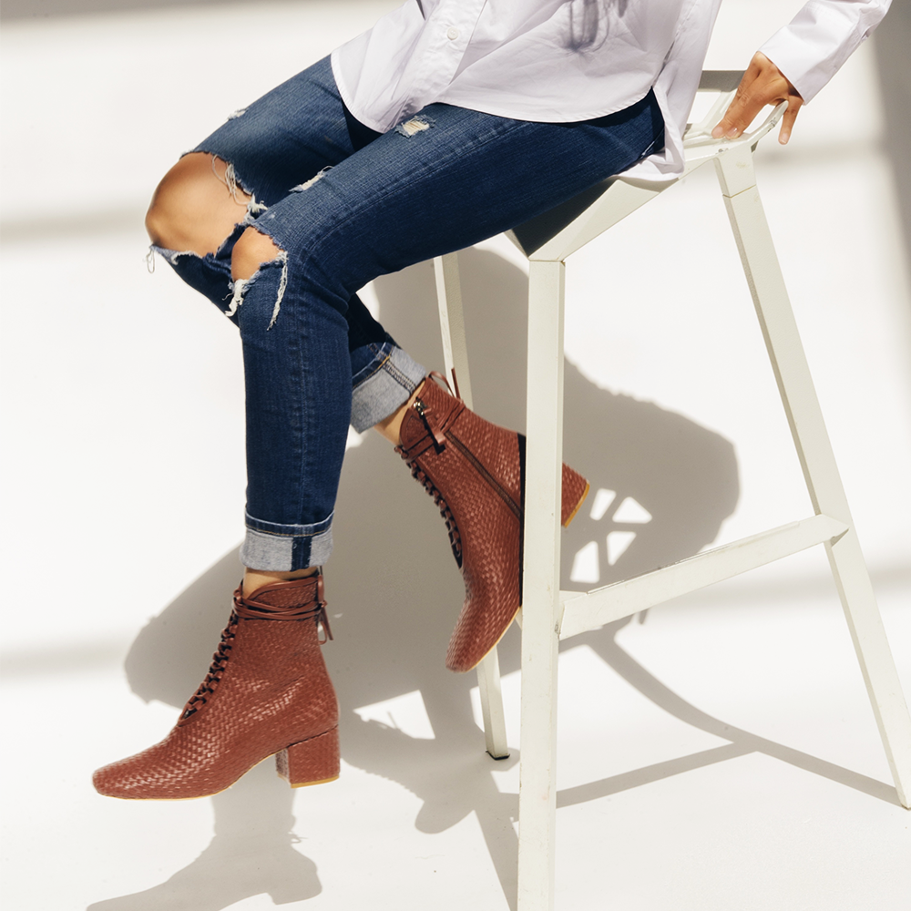 Daniella Shevel Woven Kamari lace up Brown boot with White button up shirt