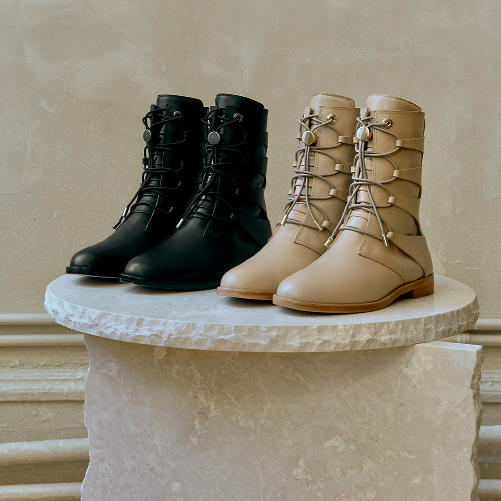 Daniella Shevel black and cream camel moss boot still life