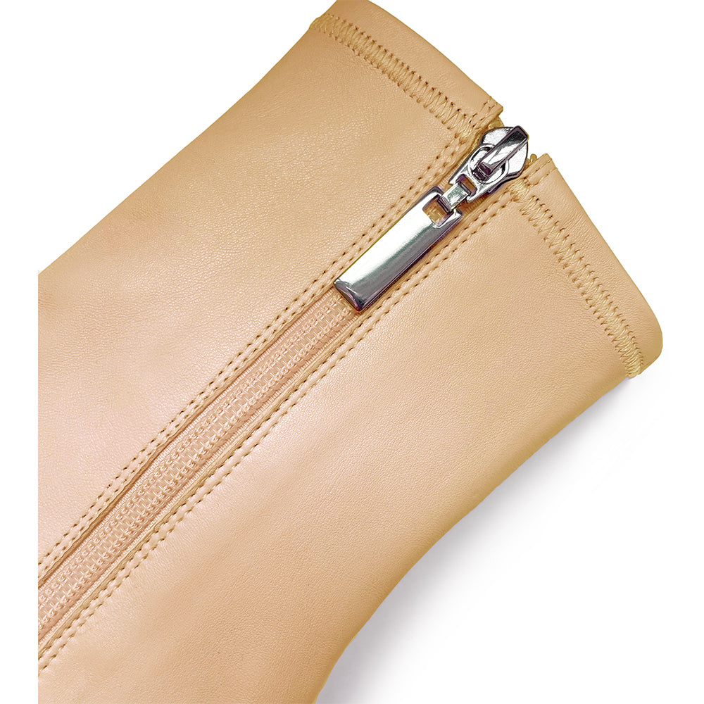 Daniella Shevel Milani Stretch Bootie in Brown Cream Caramel Toffee Inside Zipper Detail View