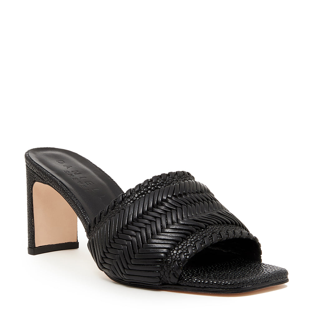 Daniella Shevel Monaco Sandal Mule Heel in black angle view with embossed stingray leather