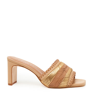 Daniella Shevel Monaco Sandal Mule Heel in Gold Sand Brown side view