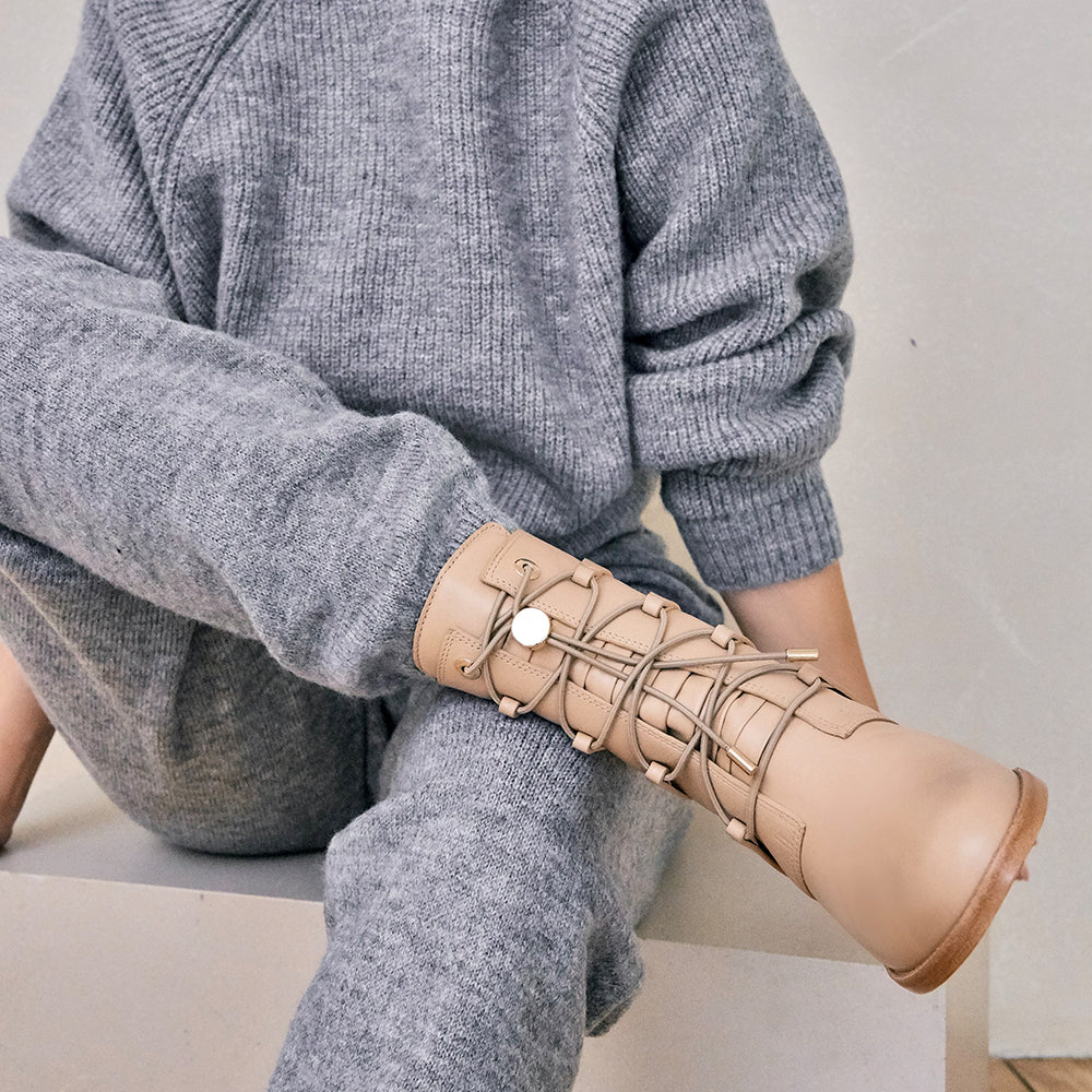 Daniella Shevel cream camel moss boots with grey sweatsuit