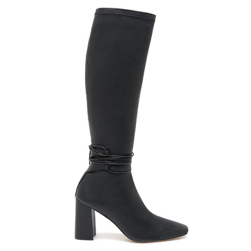 Daniella Shevel Black Tall Shaft Boot in Black Leather stretch side view with laces