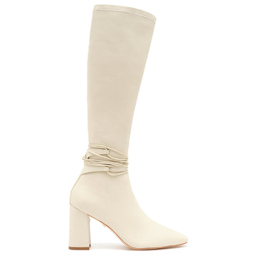Daniella Shevel Cream Blonde Tall Shaft Boot in Leather stretch side view with laces