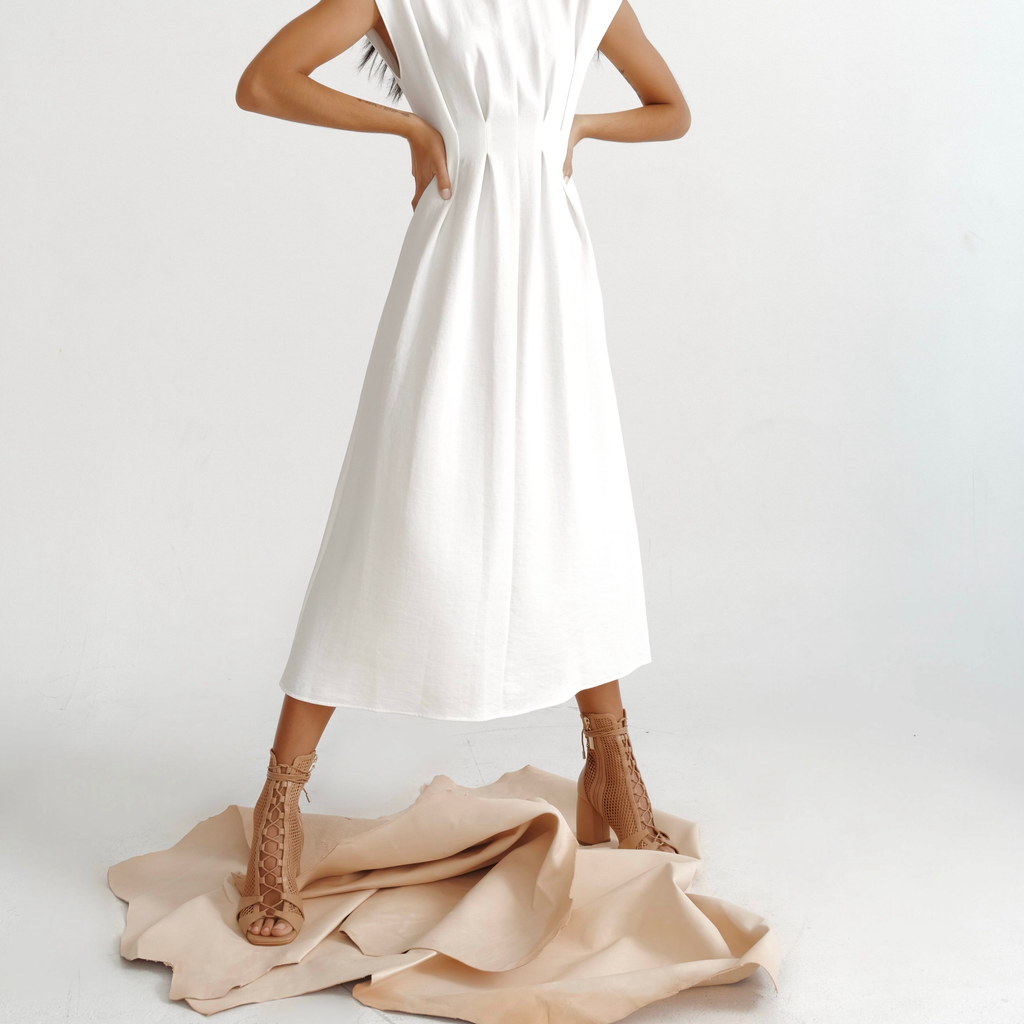 Daniella Shevel Camel Mesh Romi Open toe Bootie with white rouche satin dress