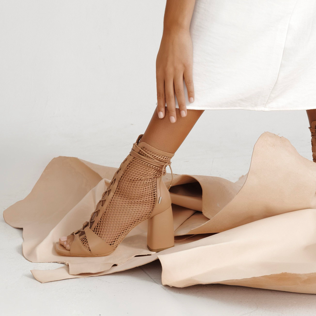Daniella Shevel Camel Mesh Romi Open toe Bootie with white satin dress side view on foot