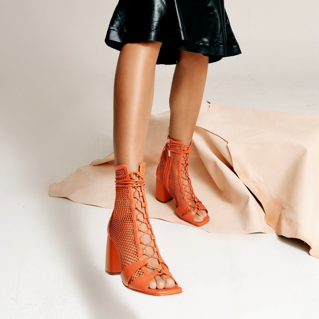 Daniella Shevel Red Romi Mesh Open Toe heel boot with black dress