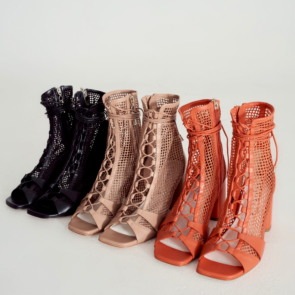 Daniella Shevel Romi Mesh Open toe heel boot pump lined up colors