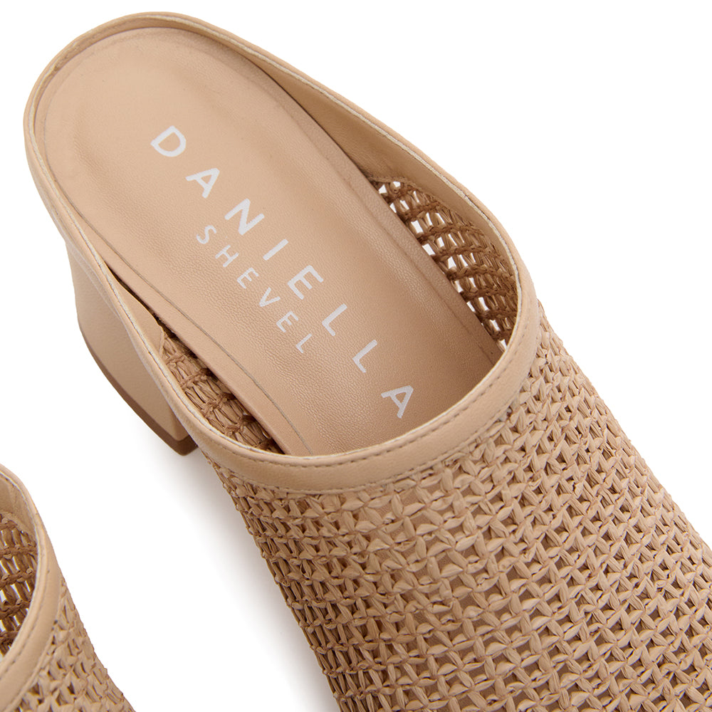 Daniella Shevel Salma Taupe Cream Raffia Low Heel Open Toe Mule with memory foam comfort