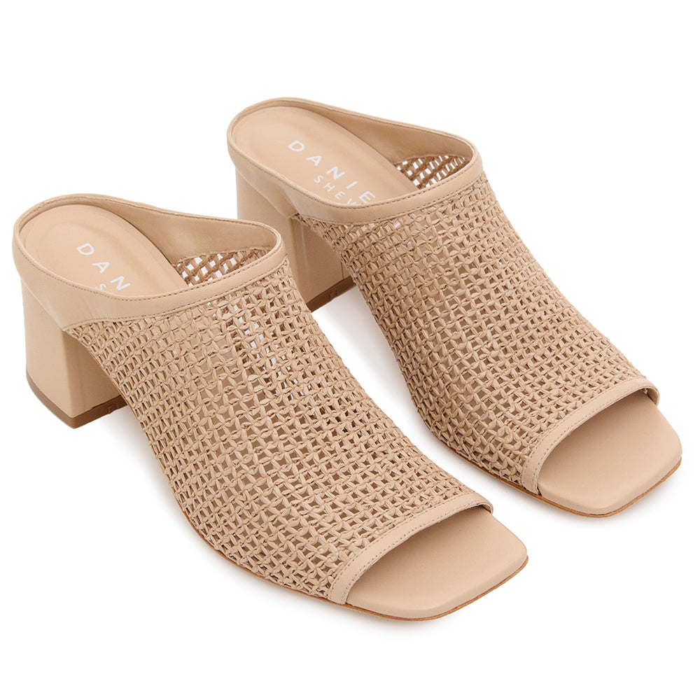 Daniella Shevel Salma Taupe Cream Raffia Low Heel Open Toe Mule Front View