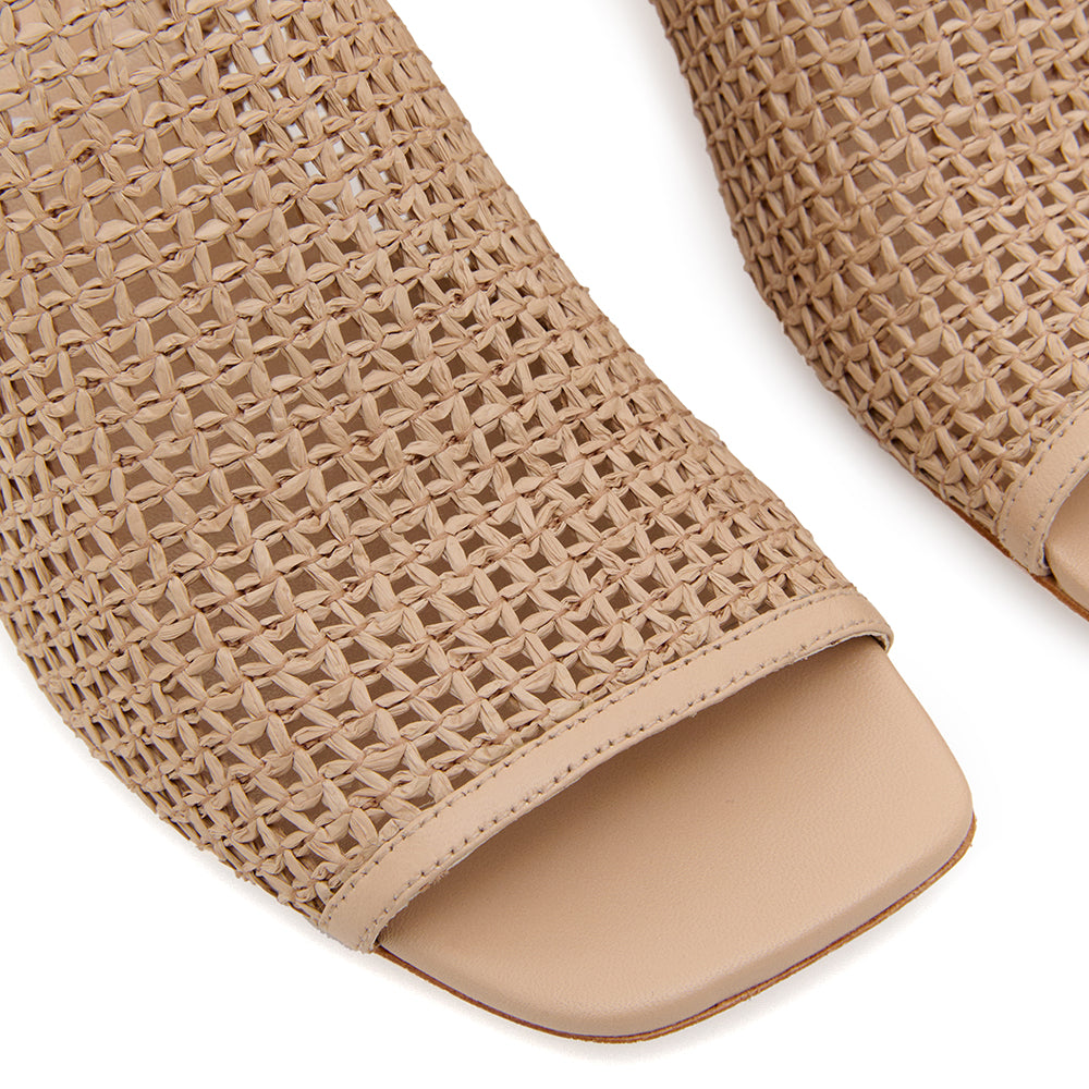 Daniella Shevel Salma Taupe Cream Raffia Low Heel Open Toe Mule with wide square toe shape