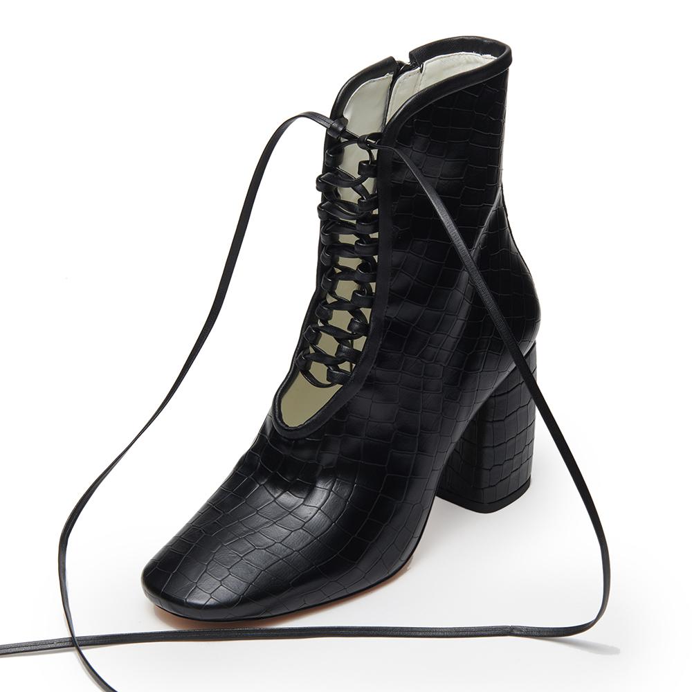 Daniella Shevel Designer BellaDonna Black Vegan Leather Boot with Heel and Laces three quarter View