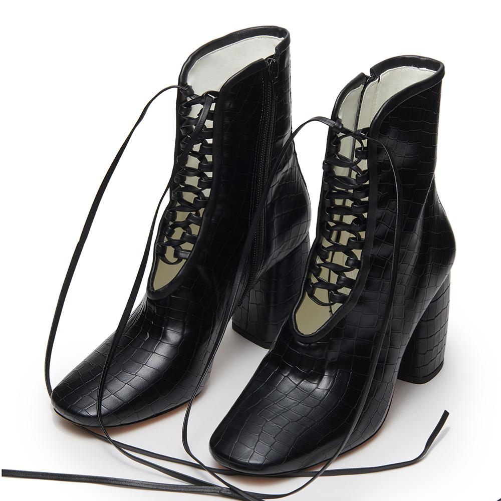 Daniella Shevel Designer BellaDonna Black Vegan Leather Boot with Heel and Laces Front View