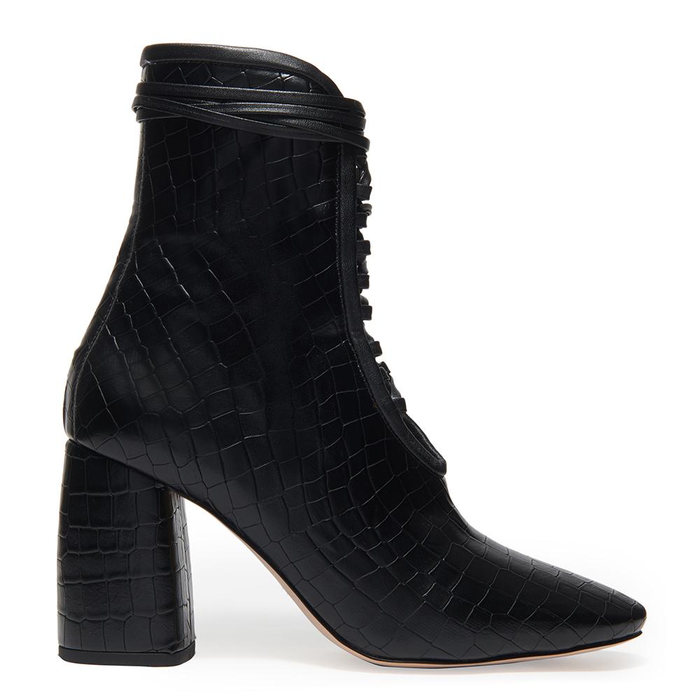 Daniella Shevel Designer BellaDonna Black Vegan Leather Boot with Heel and Laces Side View
