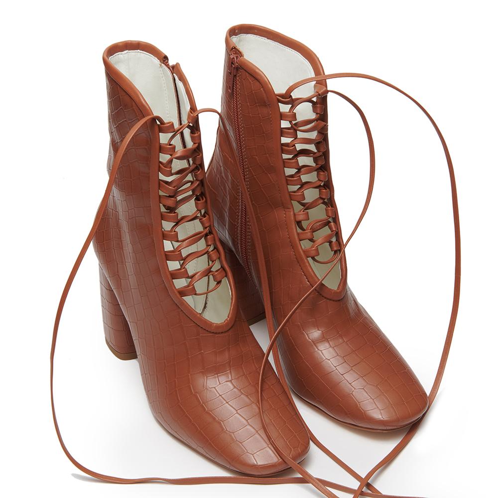 Daniella Shevel Designer BellaDonna Brown Vegan Leather Boot with Heel and Laces Front View
