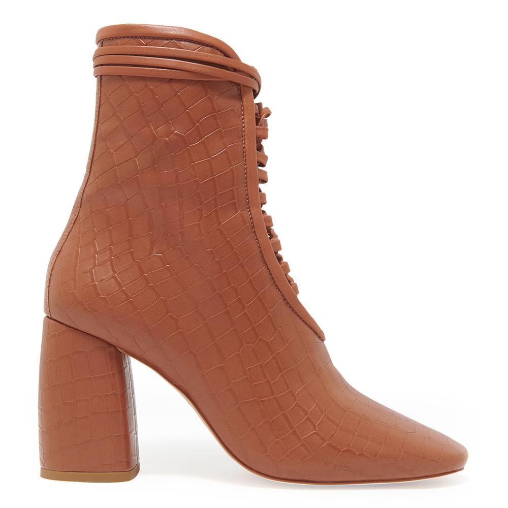 Daniella Shevel Designer BellaDonna Brown Vegan Leather Boot with Heel and Laces Side View