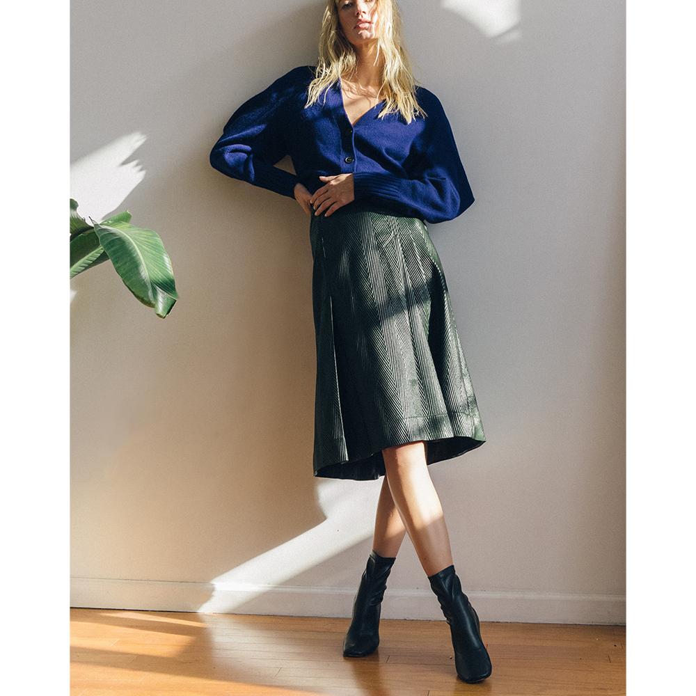 Daniella Shevel BellaMia Black Stretch Boot with Block Heel and green skirt