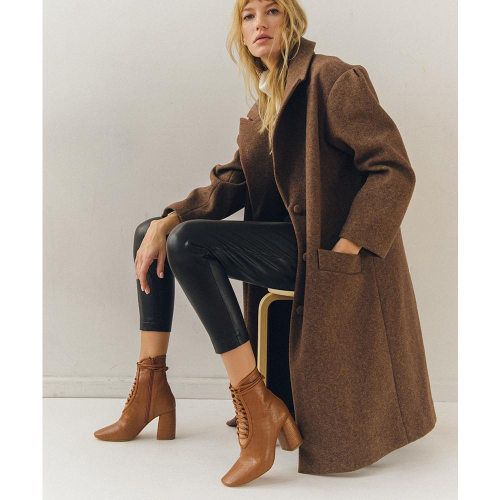 Daniella Shevel BellaDonna Brown Vegan Leather Boot with Heel and vegan pant styling
