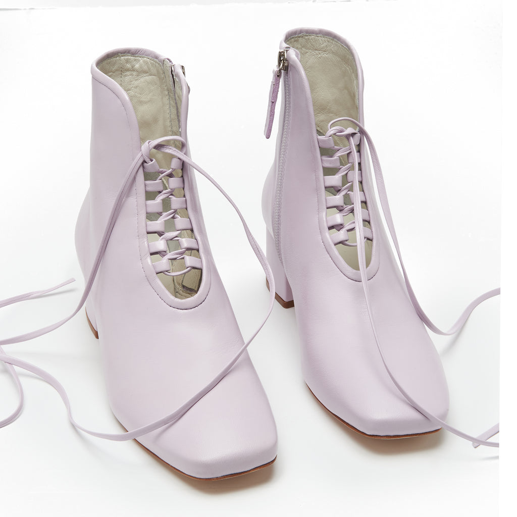 Daniella Shevel Cleo Pastel Pink Leather Bootie with Low Heel and Pastel Purple Lavender front View
