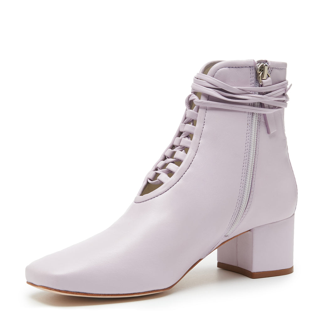 Daniella Shevel Cleo Pastel Pink Leather Bootie with Low Heel and Pastel Purple Lavender inside detail zipper View