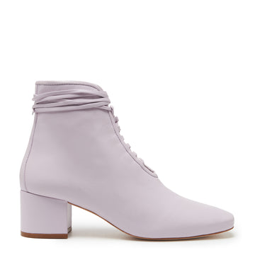 Daniella Shevel Cleo Pastel Pink Leather Bootie with Low Heel and Pastel Purple Lavender Laces Side View