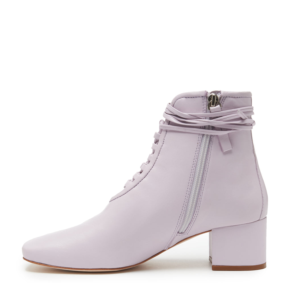 Daniella Shevel Cleo Pastel Pink Leather Bootie with Low Heel and Pastel Purple Lavender inside zipper View