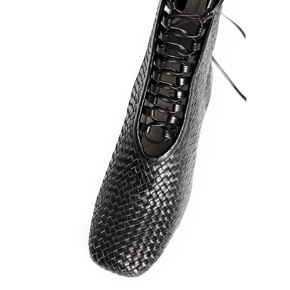 Daniella Shevel Kamari Women's Square Toe Black Woven Leather Bootie Angle View