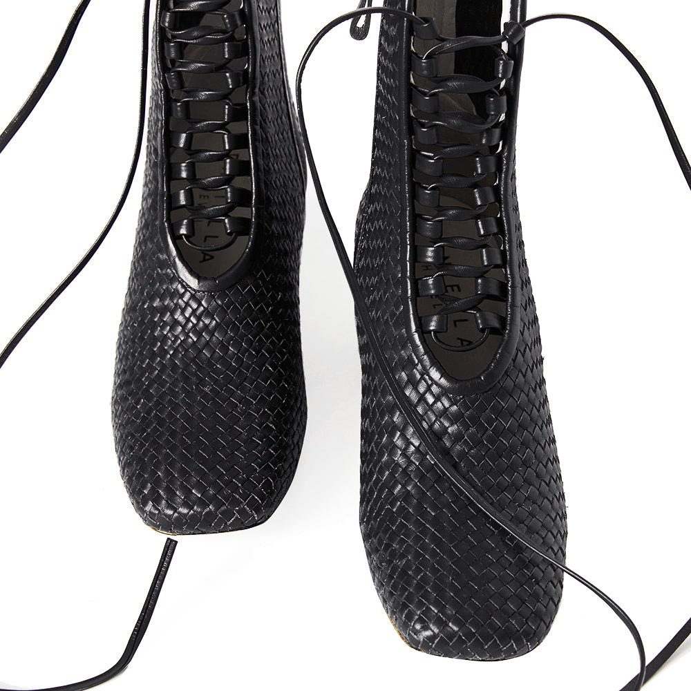 Daniella Shevel Kamari Women's Square Toe Black Woven Leather Bootie Front View