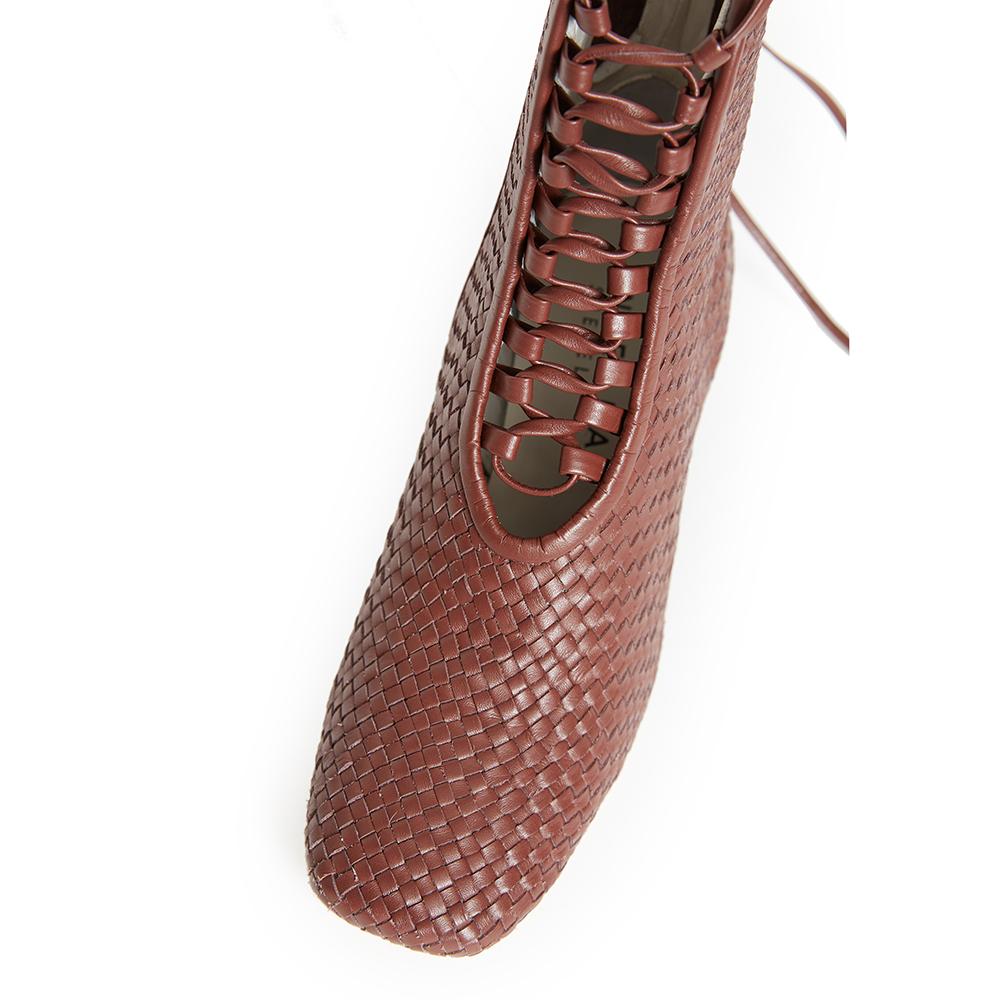 Daniella Shevel Kamari Women's Square Toe Coffee Brown Woven Leather Bootie Angle View
