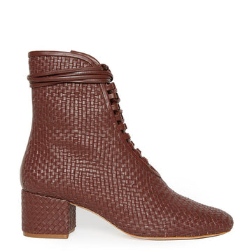 Daniella Shevel Kamari Women's Square Toe Coffee Brown Woven Leather Bootie Side View