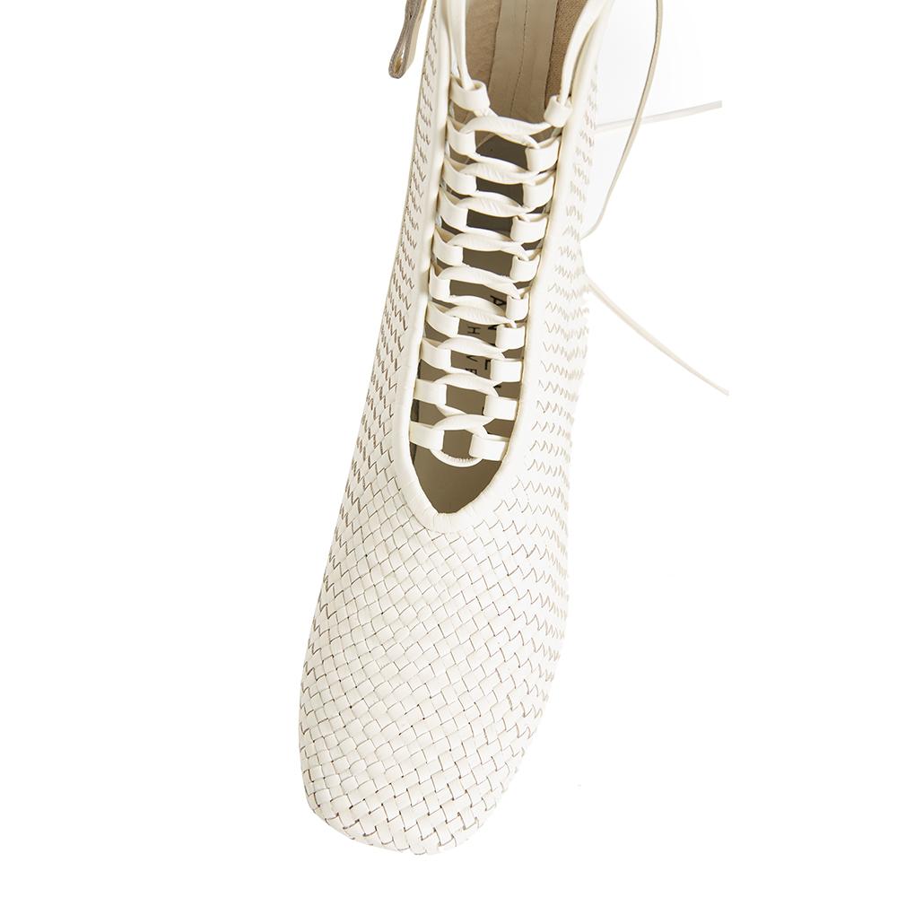 Daniella Shevel Kamari Women's Square Toe Cream Woven Leather Bootie Angle View