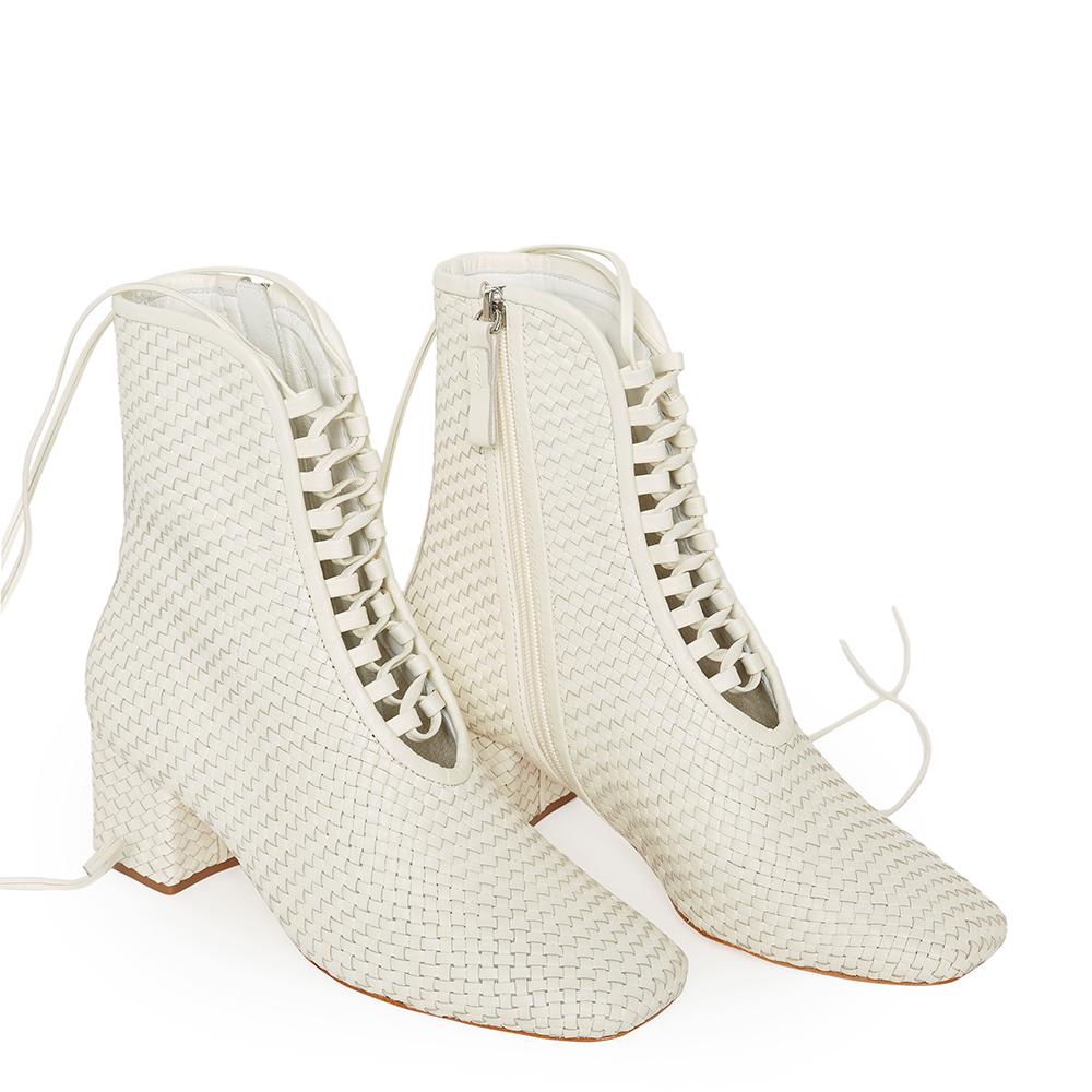 Daniella Shevel Kamari Women's Square Toe Cream Woven Leather Bootie Front Pair View