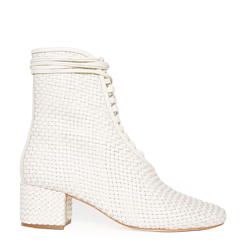 Daniella Shevel Kamari Women's Square Toe Cream Woven Leather Bootie Side View