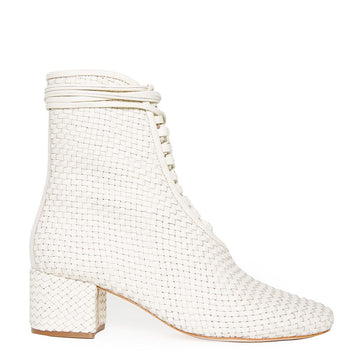Daniella Shevel Kamari Women's Square Toe Cream Woven Leather Bootie Side View