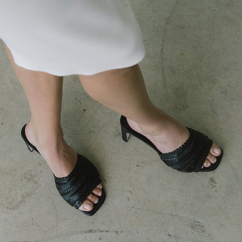 Daniella Shevel Monaco Woven Mule heel in Black with Embossed Stingray DANIELLA SHEVEL Daniella Shevel Monaco Woven Mule heel in Black with Embossed Stingray DANIELLA SHEVEL