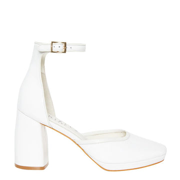 Daniella Shevel Retro Lady Women's Square Toe White Pump with Leather Ankle Strap Side View