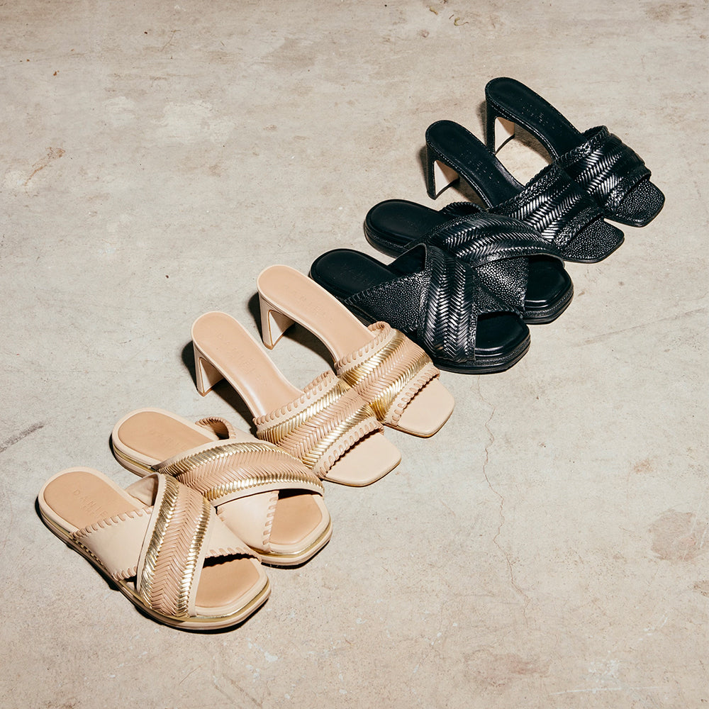 Daniella Shevel Monaco mule low heels in black with embossed stingray pattern lined up on floor