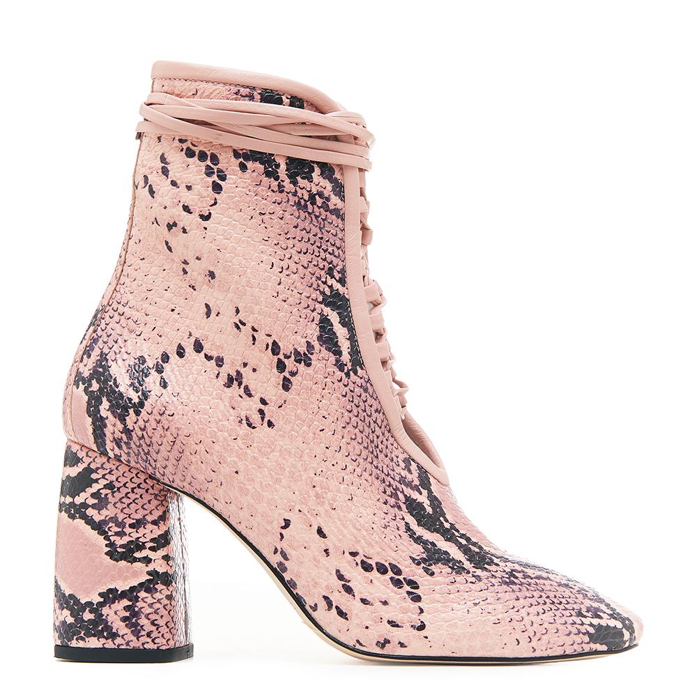 Daniella Shevel BellaDonna Pink Snake Printed Leather Boot with Heel and Pink Laces Side View