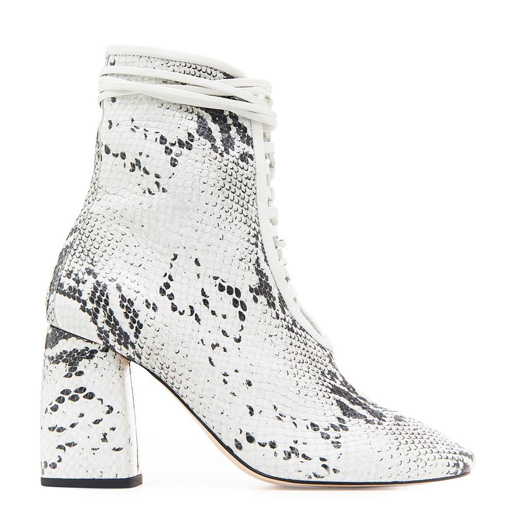 Daniella Shevel BellaDonna White Snake Printed Leather Boot with Heel and White Laces Side View