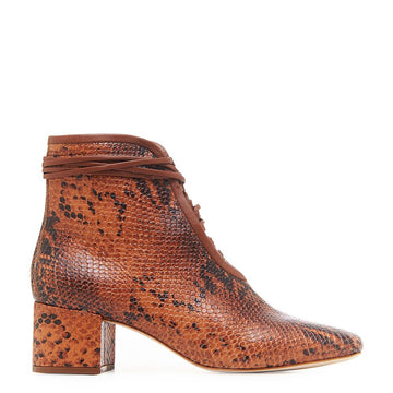 Daniella Shevel Cleo Brown Snake Printed Leather Boot with Low Heel and Brown Laces Side View